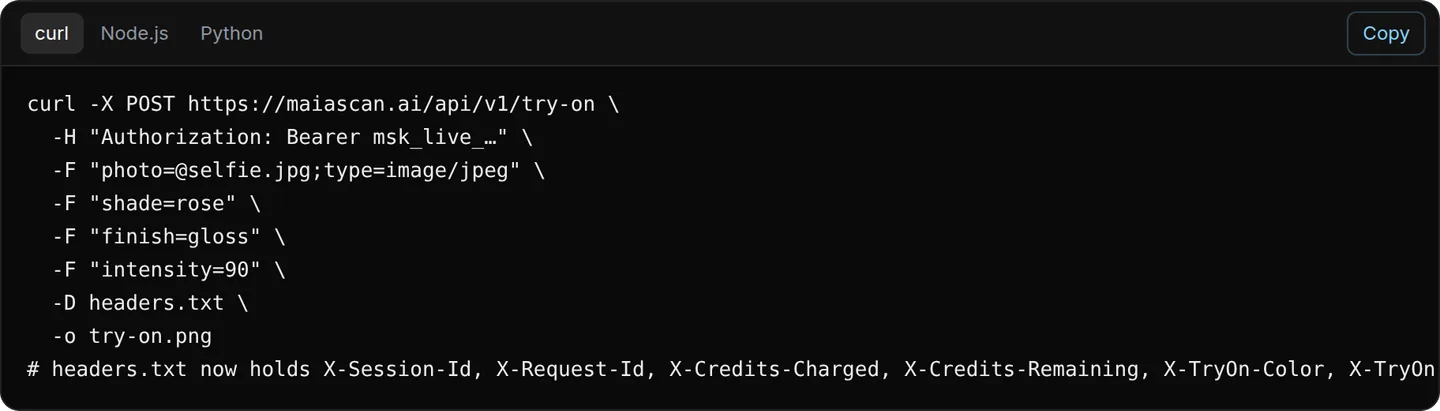 Integration example in the API documentation at maiascan.ai/en/api: curl, Node.js and Python tabs, with the command curl -X POST https://maiascan.ai/api/v1/try-on sending the photo, colour, finish and intensity, and a Copy button