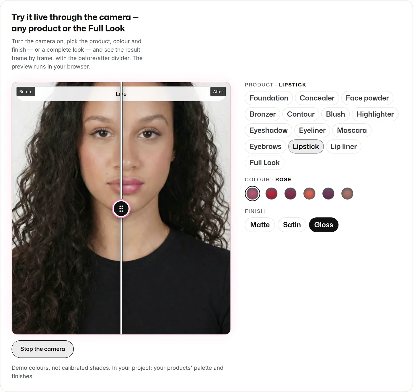 The 'Try live with the camera' block on maiascan.ai with the camera on: the frame reads 'Live' with the Before and After labels and the divider over the demo model's face, rosé gloss lipstick applied on the right side, and a 'Stop the camera' button