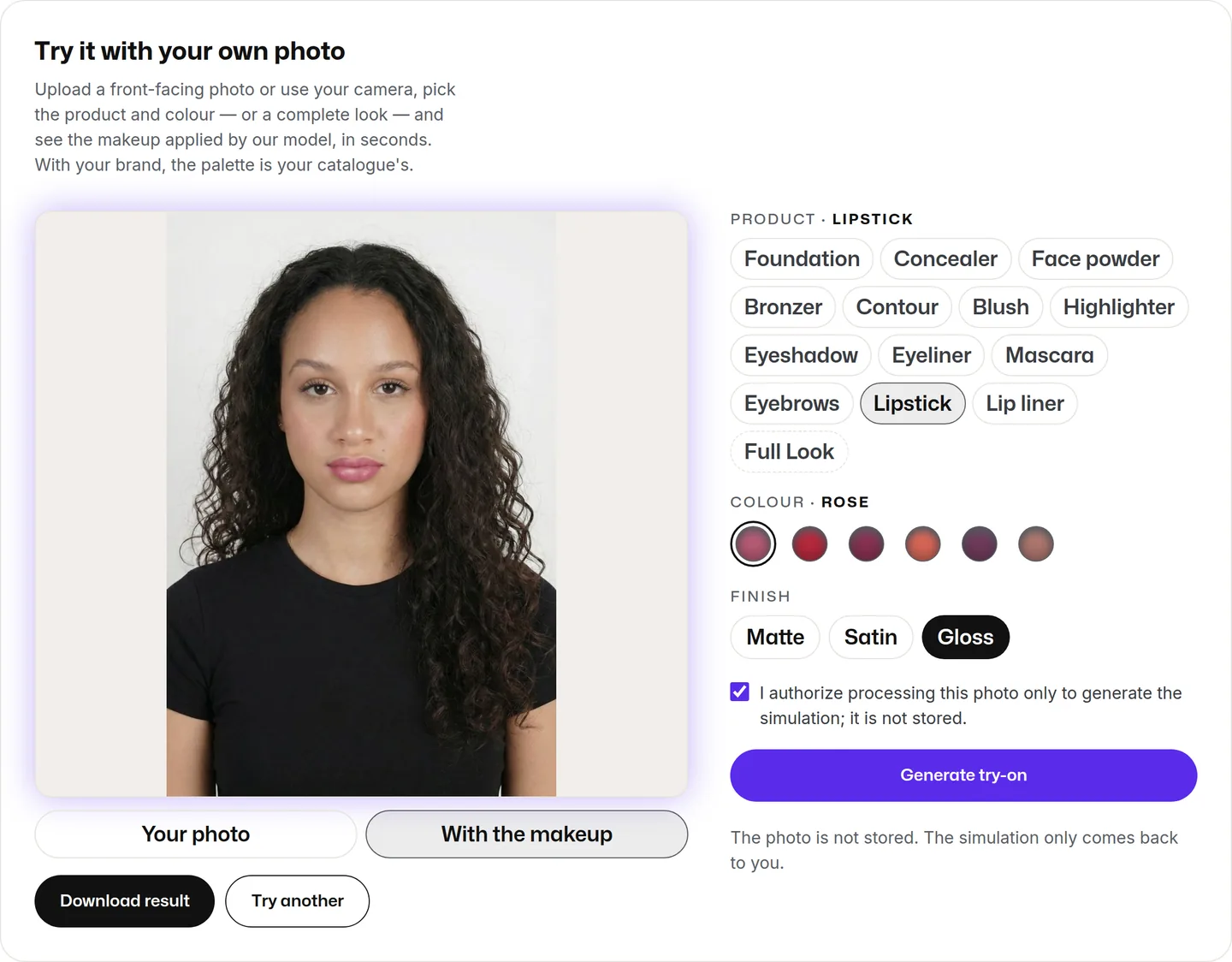 The 'Try with your own photo' block on maiascan.ai after generating the try-on: the uploaded photo shows rosé gloss lipstick applied, with the 'Your photo' and 'With the makeup' toggles and the 'Download result' and 'Try another' buttons