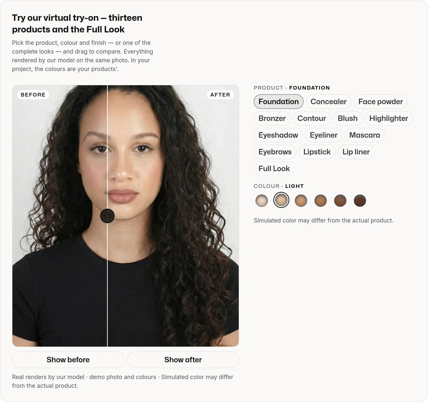 Foundation virtual try-on on maiascan.ai: the 'Foundation' product selected, six foundation shades shown as round swatches from lightest to deepest, and the before/after divider over the demo model's photo