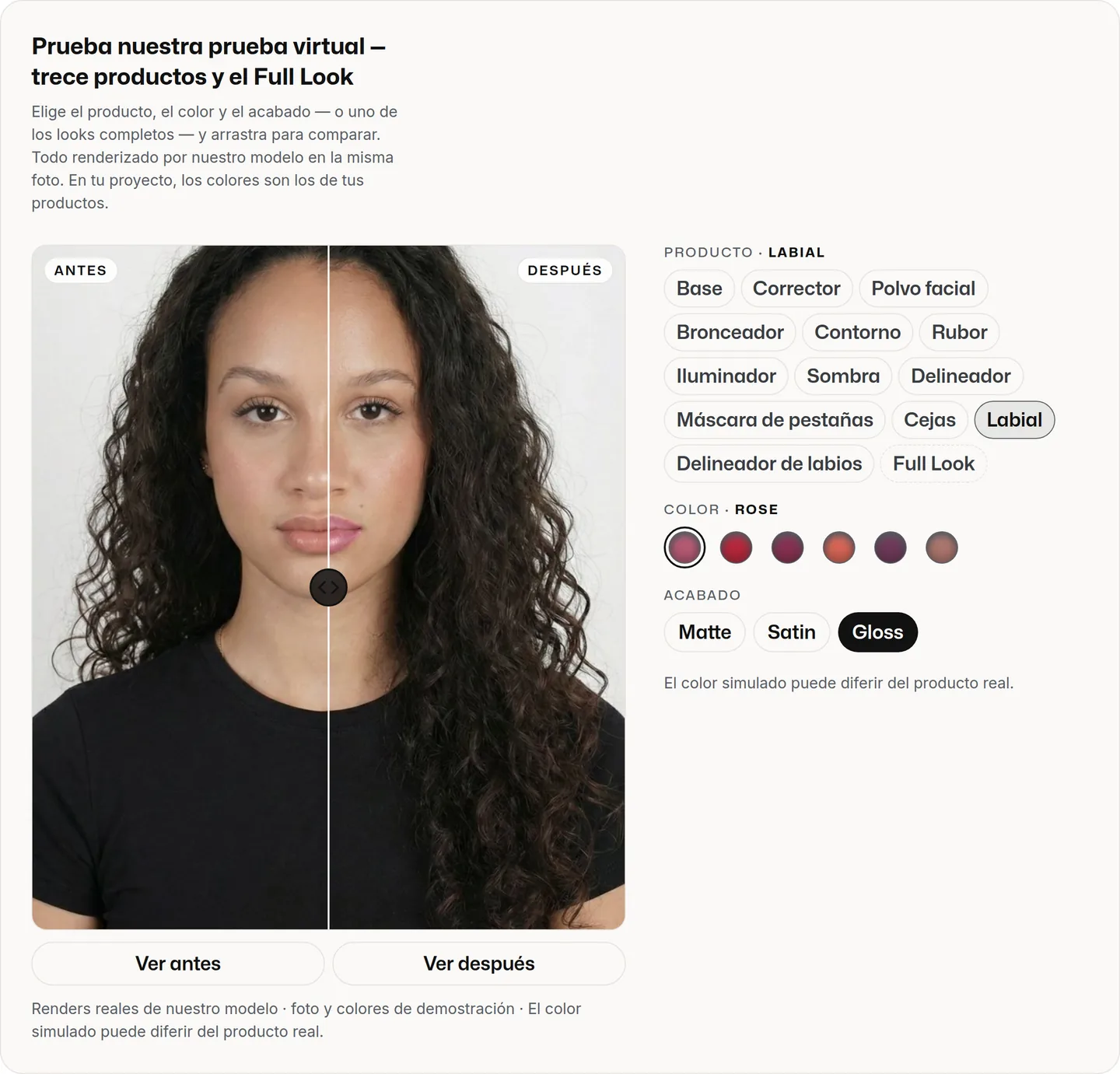 Prueba virtual de MaIA Try-On en maiascan.ai: la foto de la modelo de demostración dividida por un divisor antes/después, con labial rosé gloss aplicado en el lado derecho y, al lado, el selector de producto, color y acabado