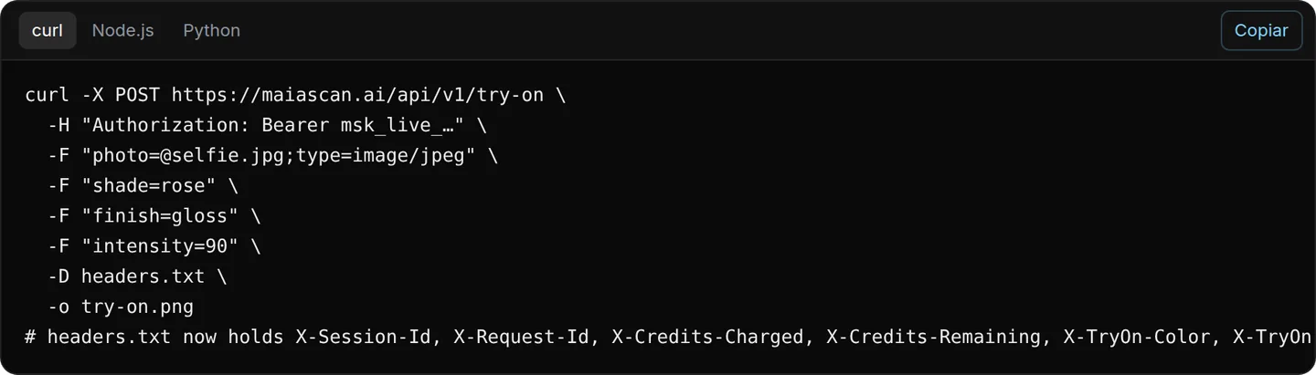 Ejemplo de integración en la documentación de la API en maiascan.ai/es/api: pestañas curl, Node.js y Python, con el comando curl -X POST https://maiascan.ai/api/v1/try-on enviando la foto, el color, el acabado y la intensidad, y el botón Copiar