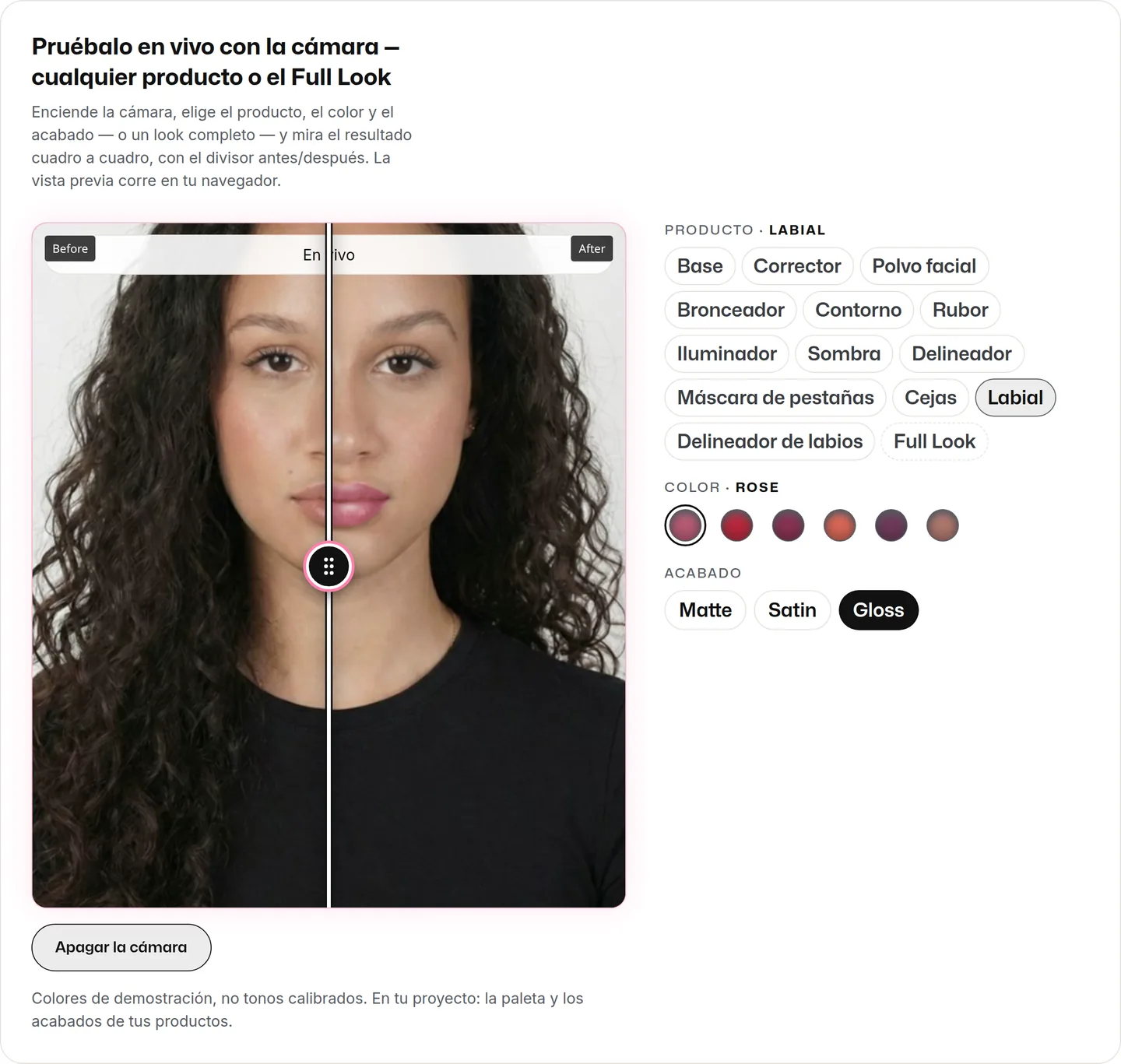 Bloque 'Prueba en vivo con la cámara' en maiascan.ai con la cámara encendida: el cuadro muestra 'En vivo' con las etiquetas Before y After y el divisor sobre el rostro de la modelo de demostración, labial rosé gloss aplicado en el lado derecho y el botón 'Apagar la cámara'
