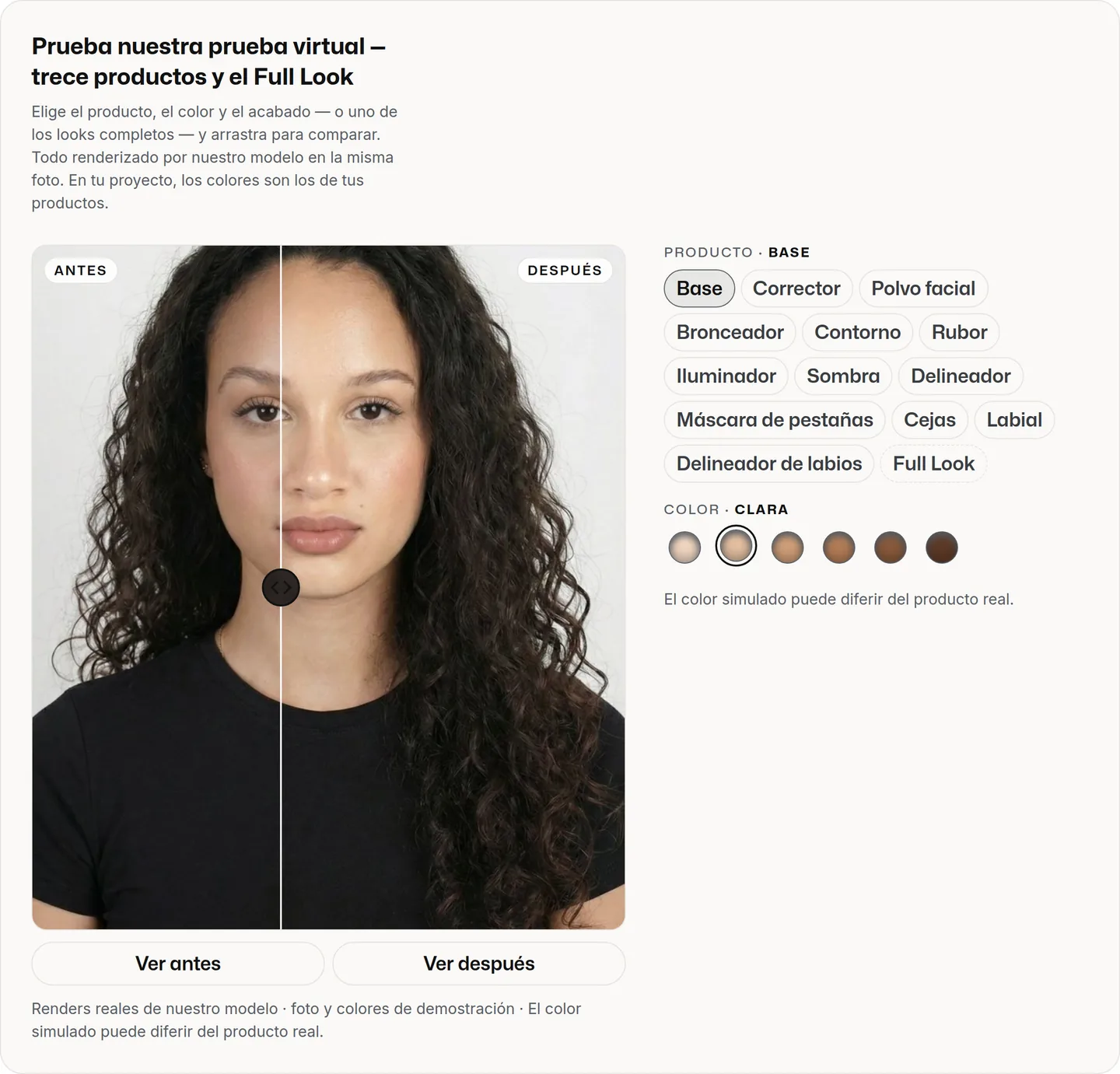 Prueba virtual de base en maiascan.ai: el producto 'Base' seleccionado, seis tonos de base como muestras circulares, del más claro al más profundo, y el divisor antes/después sobre la foto de la modelo de demostración