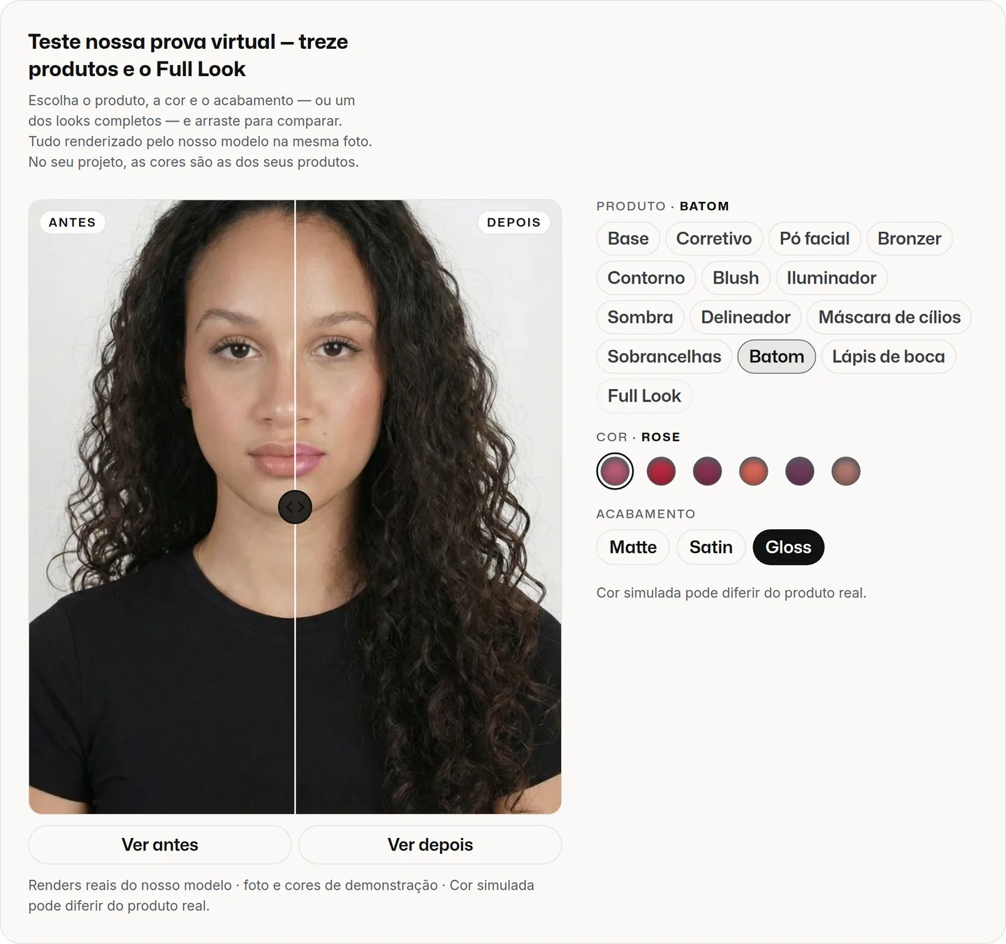 Prova virtual do MaIA Try-On em maiascan.ai: foto da modelo de demonstração dividida por um divisor antes/depois, com batom rosé gloss aplicado do lado direito e, ao lado, o seletor de produto, cor e acabamento