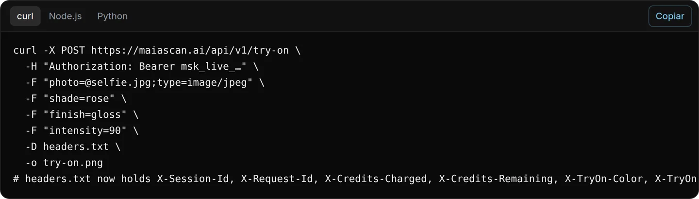 Exemplo de integração na documentação da API em maiascan.ai/pt/api: abas curl, Node.js e Python, com o comando curl -X POST https://maiascan.ai/api/v1/try-on enviando a foto, a cor, o acabamento e a intensidade, e o botão Copiar