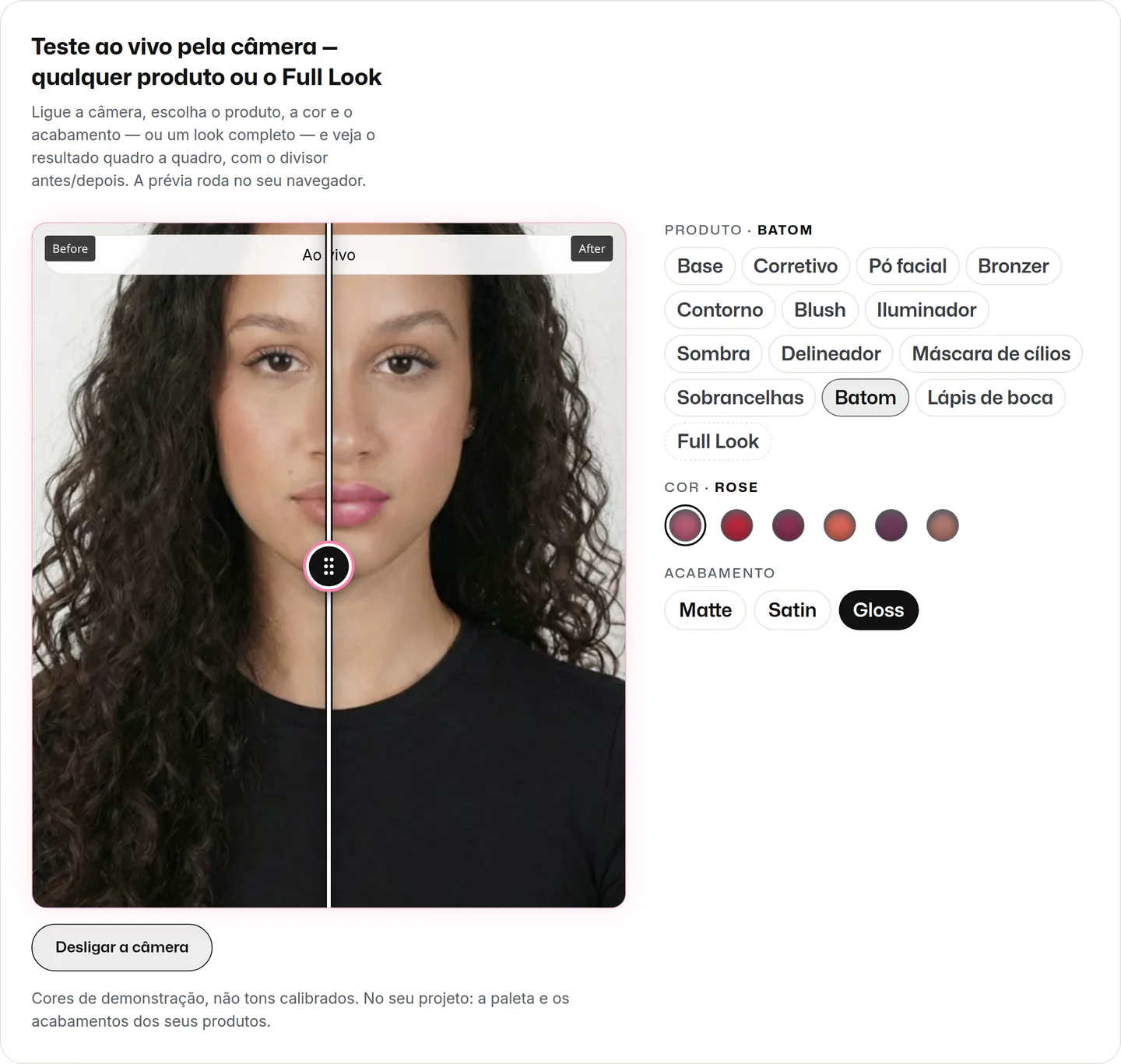 Bloco 'Teste ao vivo pela câmera' em maiascan.ai com a câmera ligada: o quadro mostra 'Ao vivo' com os rótulos Before e After e o divisor sobre o rosto da modelo de demonstração, batom rosé gloss aplicado do lado direito e o botão 'Desligar a câmera'